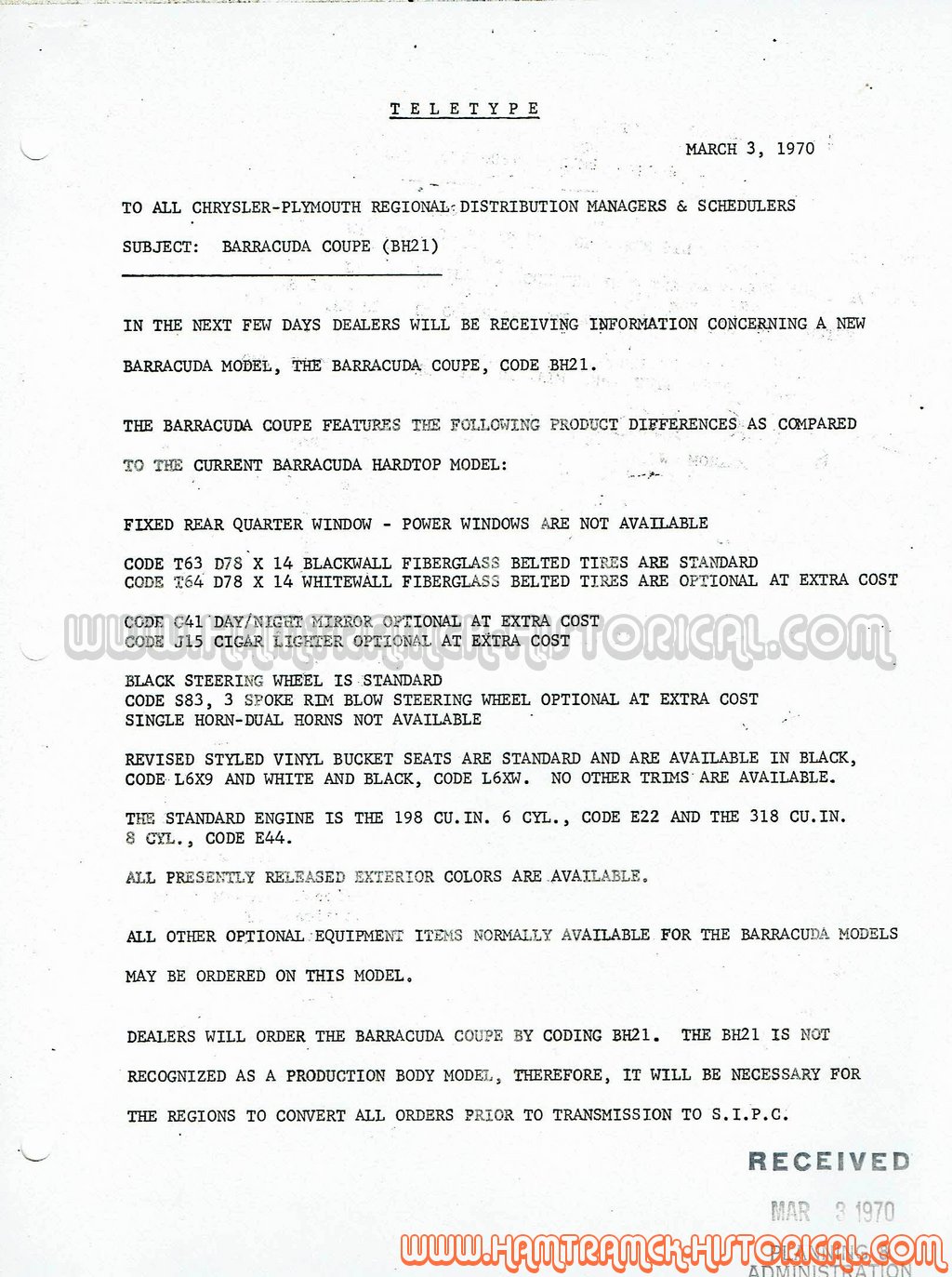 The 1970 Hamtramck Registry - 1970 Plymouth Dealership Letters - Teletypes